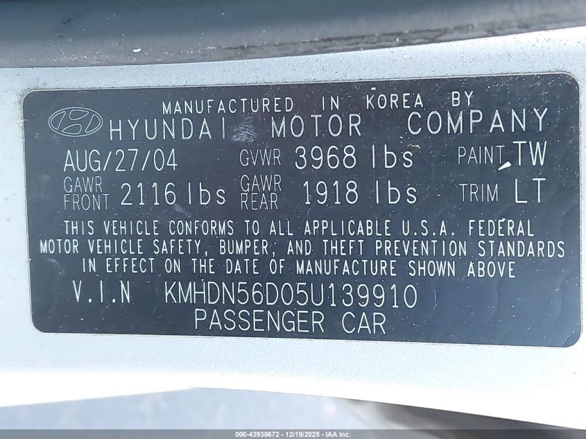 2005 Hyundai Elantra Gls/Gt VIN: KMHDN56D05U139910 Lot: 43938672