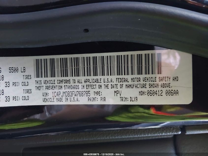 2015 Jeep Cherokee Limited VIN: 1C4PJMDB3FW768785 Lot: 43938675