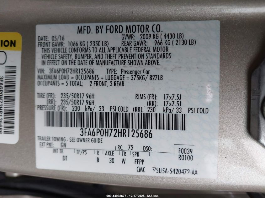 2017 Ford Fusion Se VIN: 3FA6P0H72HR125686 Lot: 43938677