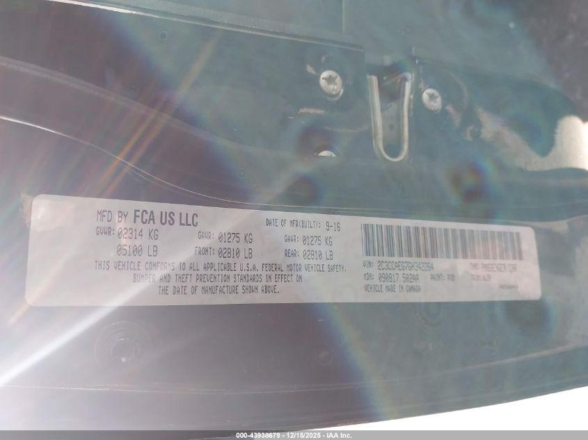 2016 Chrysler 300C VIN: 2C3CCAEG7GH342264 Lot: 43938679