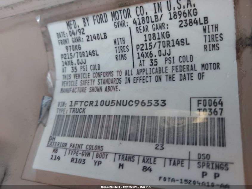 1992 Ford Ranger VIN: 1FTCR10U5NUC96533 Lot: 43938681