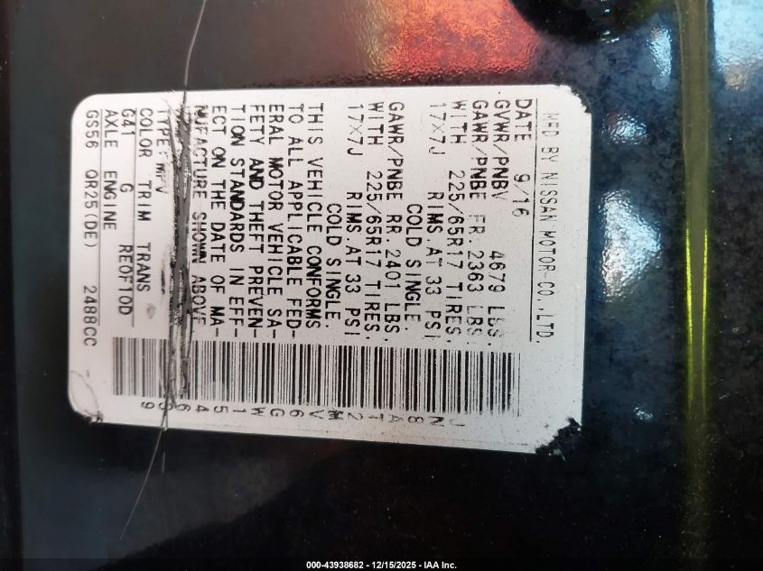 2016 Nissan Rogue Sv VIN: JN8AT2MV6GW154639 Lot: 43938682