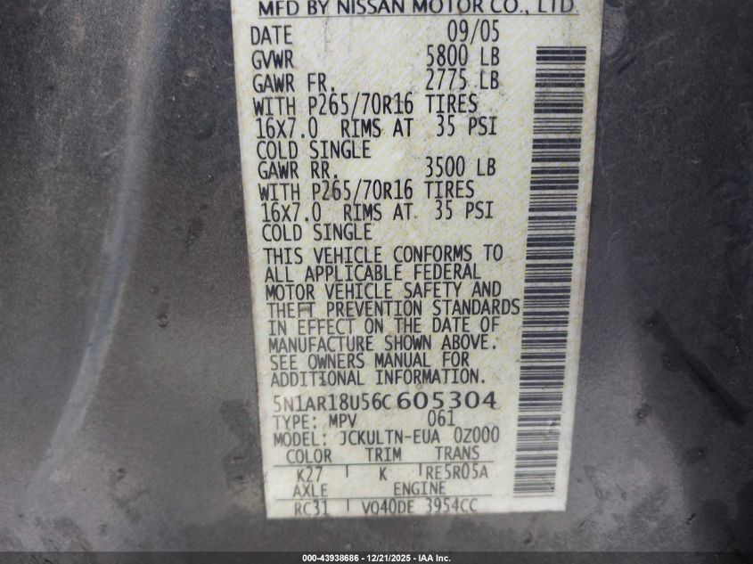 2006 Nissan Pathfinder Se VIN: 5N1AR18U56C605304 Lot: 43938686