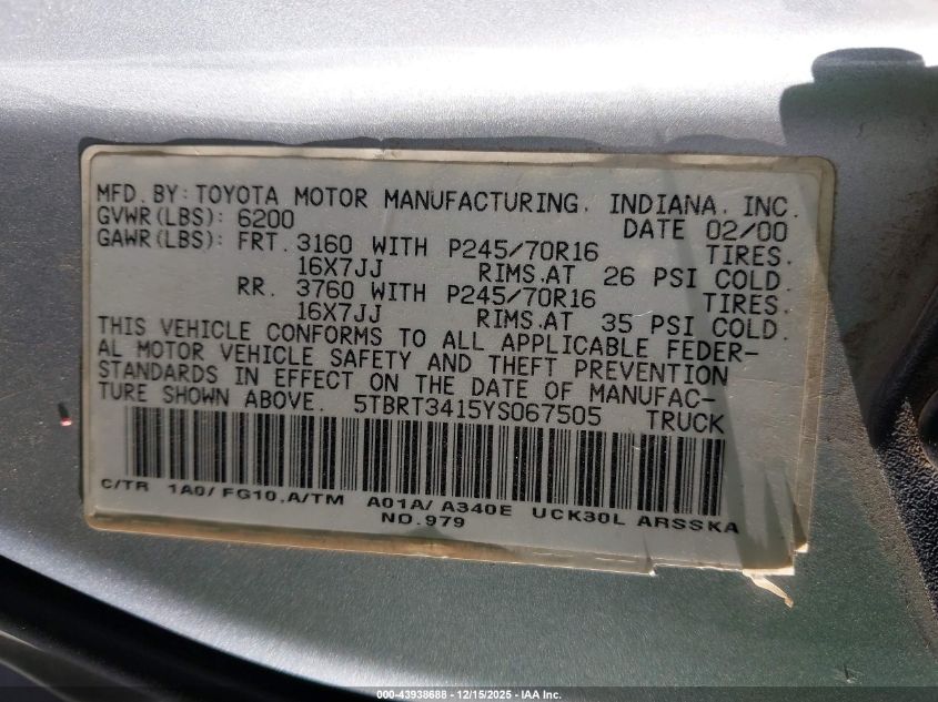 2000 Toyota Tundra Sr5 V8 VIN: 5TBRT3415YS067505 Lot: 43938688