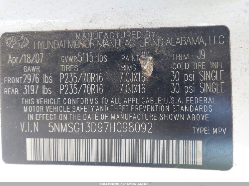2007 Hyundai Santa Fe Gls VIN: 5NMSG13D97H098092 Lot: 43938690