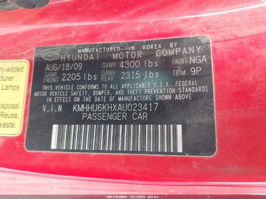 2010 Hyundai Genesis 3.8 Track VIN: KMHHU6KHXAU023417 Lot: 43938694