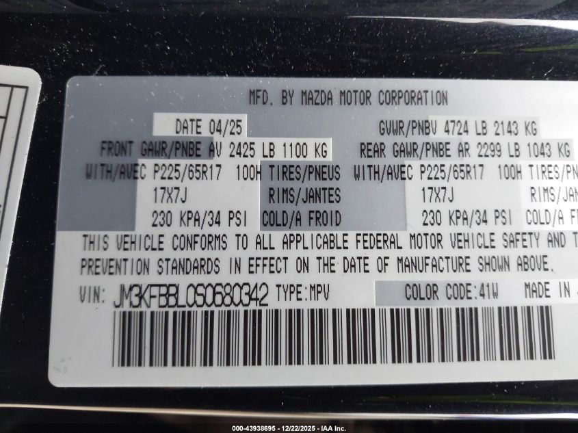 2025 Mazda Cx-5 2.5 S Select VIN: JM3KFBBL0S0680342 Lot: 43938695