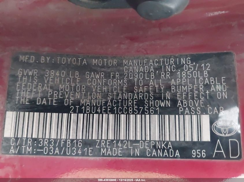 2012 Toyota Corolla Le VIN: 2T1BU4EE1CC857561 Lot: 43938698