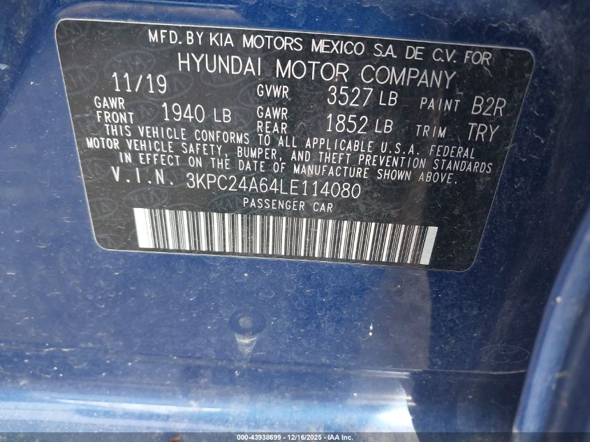 2020 Hyundai Accent Se VIN: 3KPC24A64LE114080 Lot: 43938699