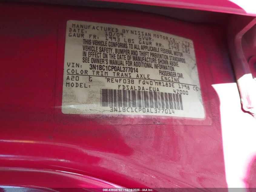 2010 Nissan Versa 1.8S VIN: 3N1BC1CP0AL377014 Lot: 43938702