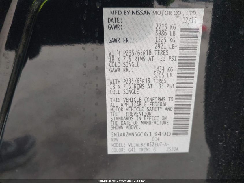 2016 Nissan Pathfinder S VIN: 5N1AR2MN5GC613490 Lot: 43938703