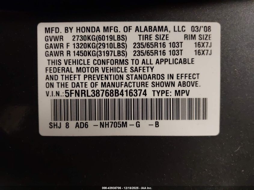 2008 Honda Odyssey Ex-L VIN: 5FNRL38768B416374 Lot: 43938706