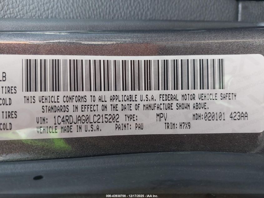 2020 Dodge Durango Sxt Awd VIN: 1C4RDJAG0LC215202 Lot: 43938708