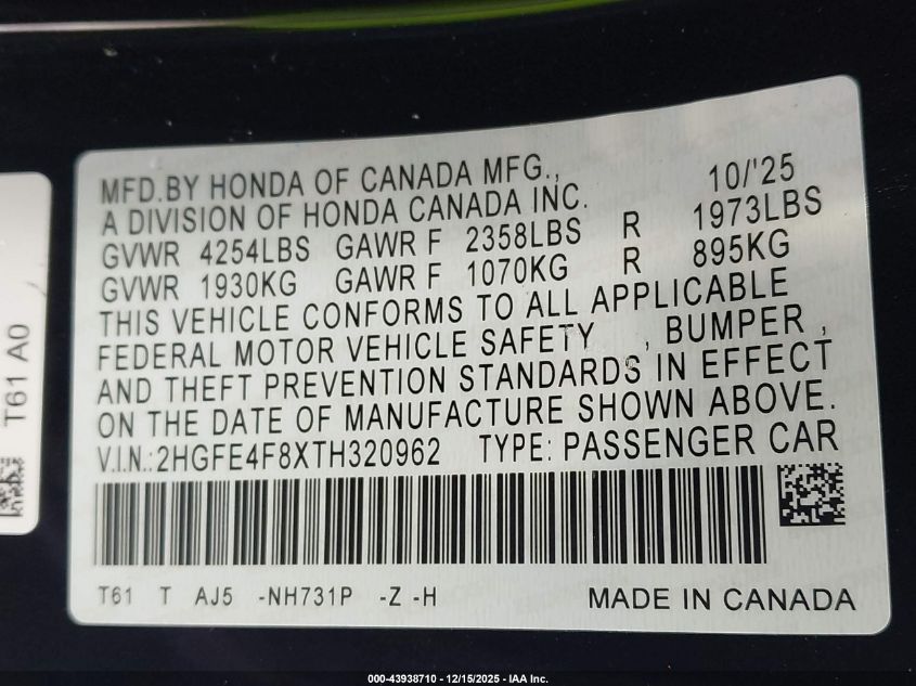 2026 Honda Civic Hybrid Sport/Sport Touring VIN: 2HGFE4F8XTH320962 Lot: 43938710