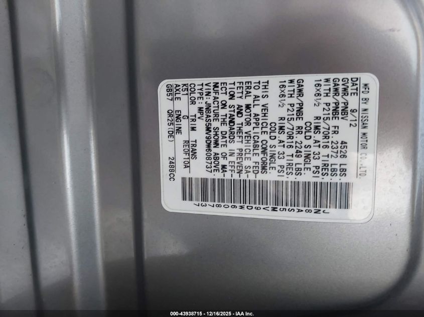 2013 Nissan Rogue S VIN: JN8AS5MV9DW608737 Lot: 43938715