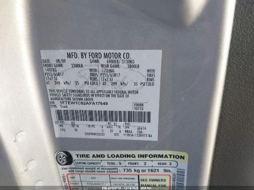 2010 Ford F-150 Xlt VIN: 1FTEW1C82AFA17649 Lot: 43938716