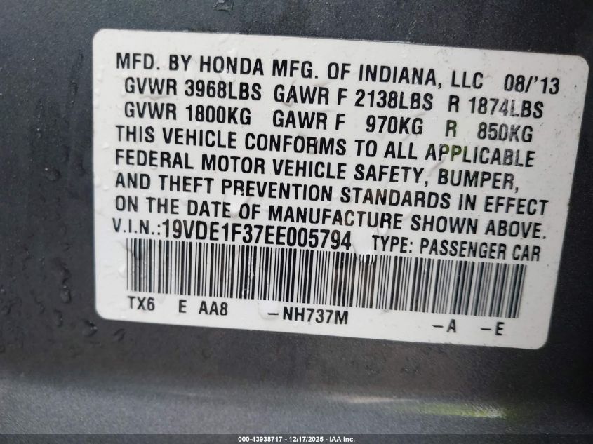 2014 Acura Ilx 2.0L VIN: 19VDE1F37EE005794 Lot: 43938717