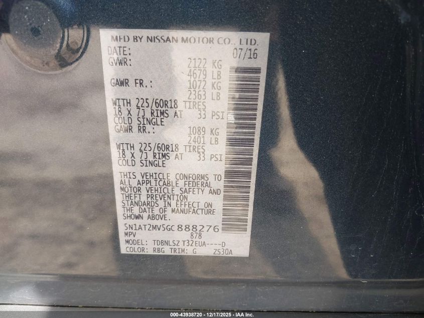 2016 Nissan Rogue Sl VIN: 5N1AT2MV5GC888276 Lot: 43938720