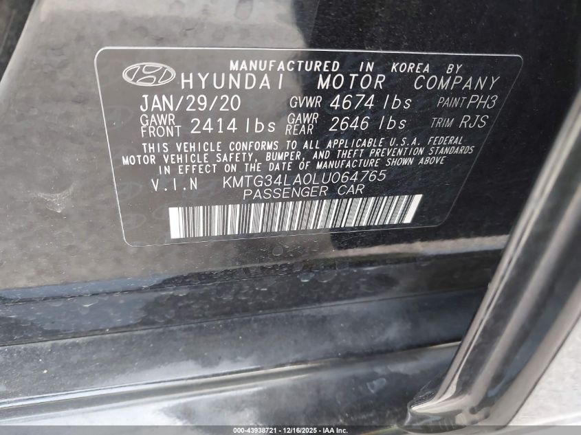 2020 Genesis G70 2.0T Rwd VIN: KMTG34LA0LU064765 Lot: 43938721