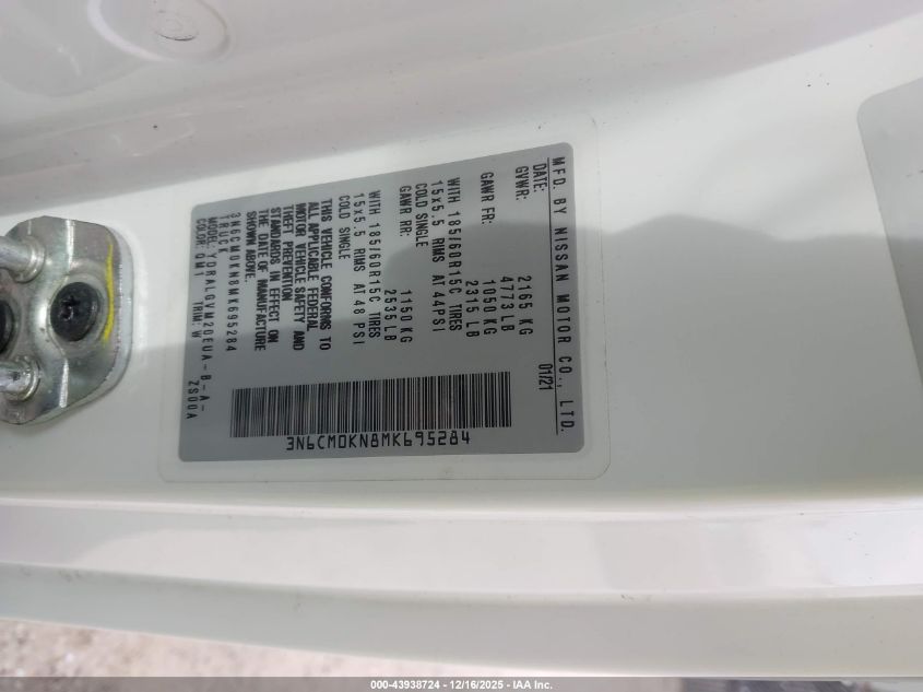 2021 Nissan Nv200 Cargo Sv Xtronic Cvt VIN: 3N6CM0KN8MK695284 Lot: 43938724