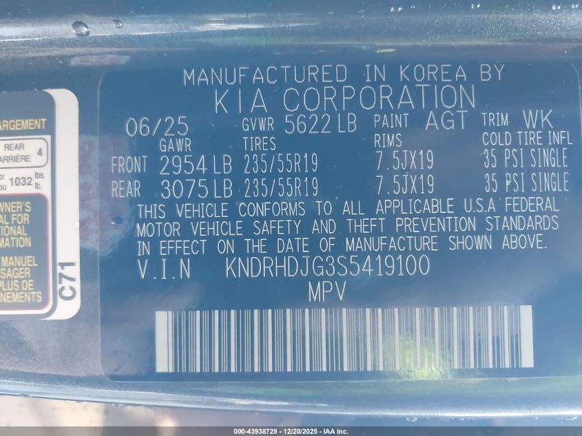 2025 Kia Sorento Hybrid Ex VIN: KNDRHDJG3S5419100 Lot: 43938728