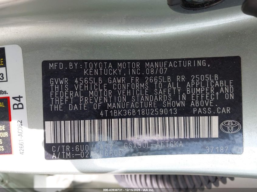 2008 Toyota Avalon Xls VIN: 4T1BK36B18U259013 Lot: 43938731