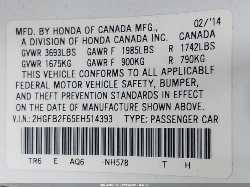 2014 Honda Civic Hf VIN: 2HGFB2F65EH514393 Lot: 43938732
