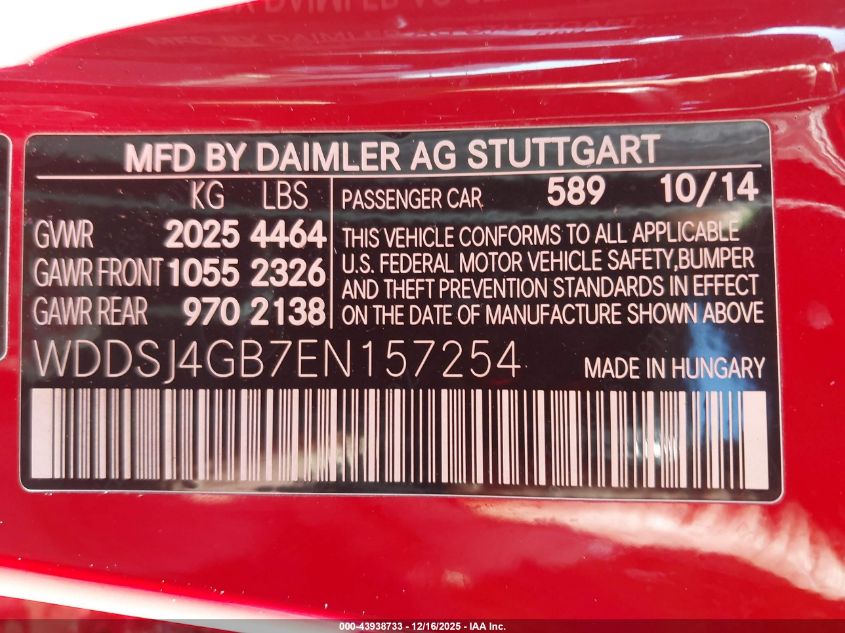 2014 Mercedes-Benz Cla 250 4Matic VIN: WDDSJ4GB7EN157254 Lot: 43938733