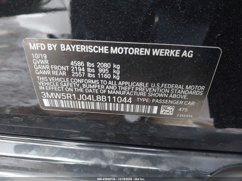 2020 BMW 330I VIN: 3MW5R1J04L8B11044 Lot: 43938734