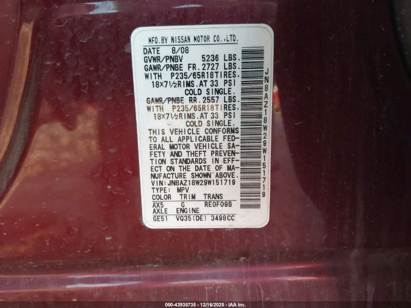 2009 Nissan Murano Sl VIN: JN8AZ18W29W151719 Lot: 43938735