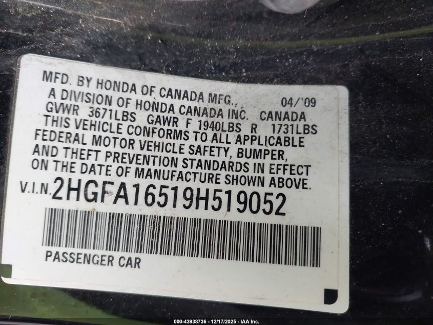 2009 Honda Civic Lx VIN: 2HGFA16519H519052 Lot: 43938736