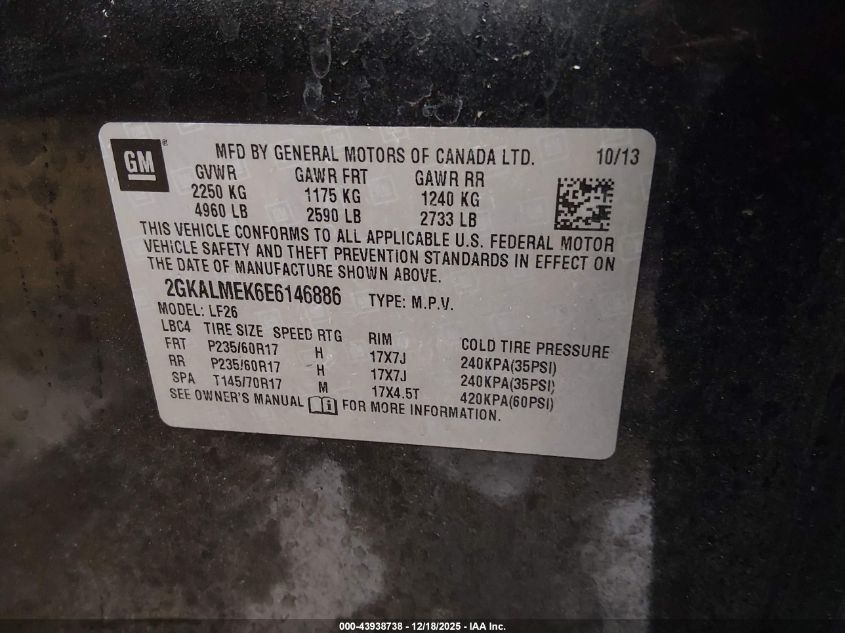 2014 GMC Terrain Sle-1 VIN: 2GKALMEK6E6146886 Lot: 43938738