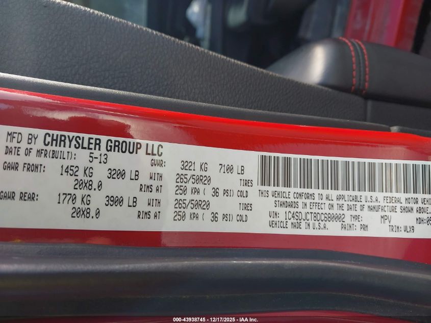 2013 Dodge Durango R/T VIN: 1C4SDJCT8DC680002 Lot: 43938745