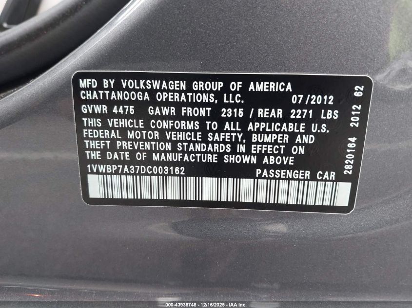 2013 Volkswagen Passat 2.5L Se VIN: 1VWBP7A37DC003162 Lot: 43938748