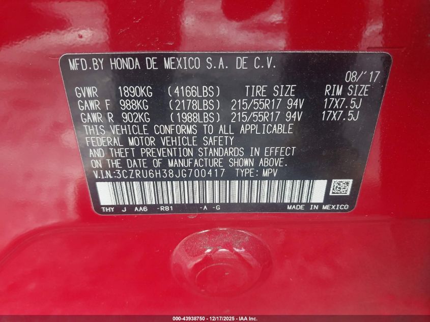 2018 Honda Hr-V Lx VIN: 3CZRU6H38JG700417 Lot: 43938750