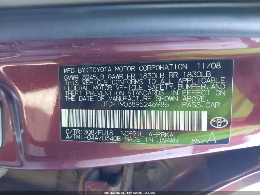 2009 Toyota Yaris VIN: JTDKT903895246986 Lot: 43938753