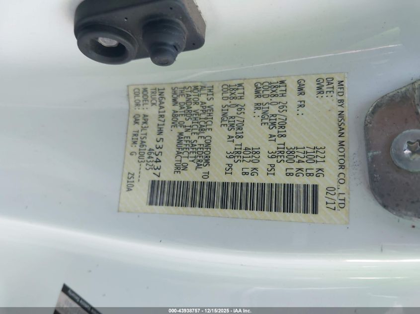 2017 Nissan Titan Sv VIN: 1N6AA1R71HN535437 Lot: 43938757