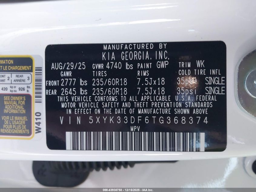 2026 Kia Sportage Ex VIN: 5XYK33DF6TG368374 Lot: 43938758