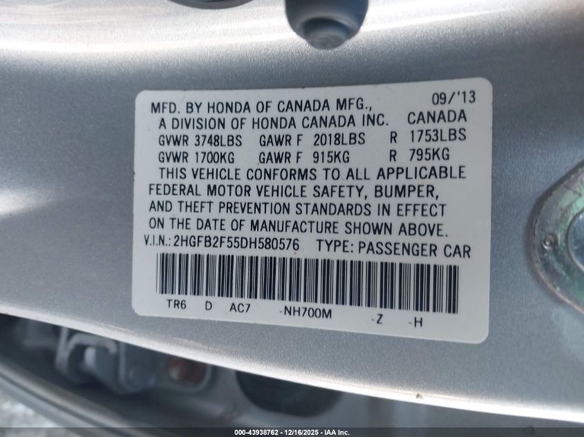 2013 Honda Civic Lx VIN: 2HGFB2F55DH580576 Lot: 43938762
