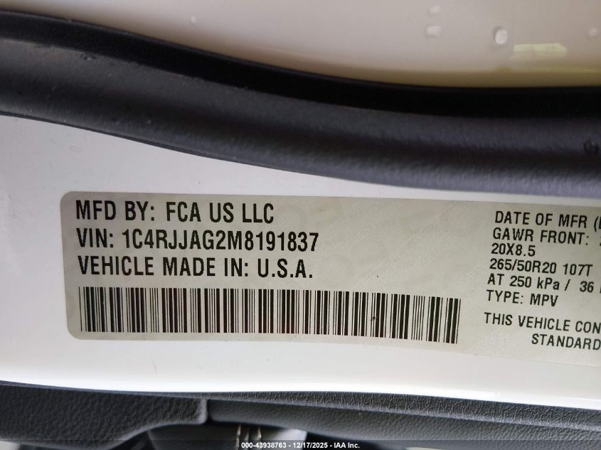 2021 Jeep Grand Cherokee L Altitude 4X2 VIN: 1C4RJJAG2M8191837 Lot: 43938763