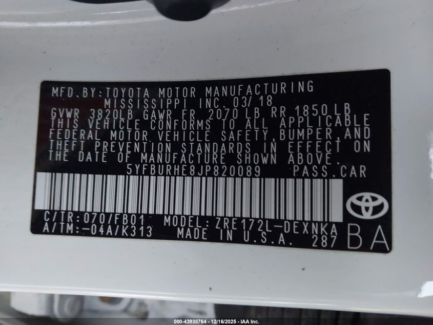 2018 Toyota Corolla Le VIN: 5YFBURHE8JP820089 Lot: 43938764