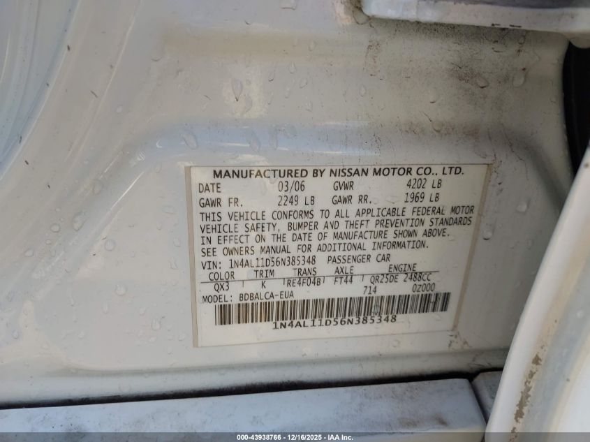 2006 Nissan Altima 2.5 S VIN: 1N4AL11D56N385348 Lot: 43938766