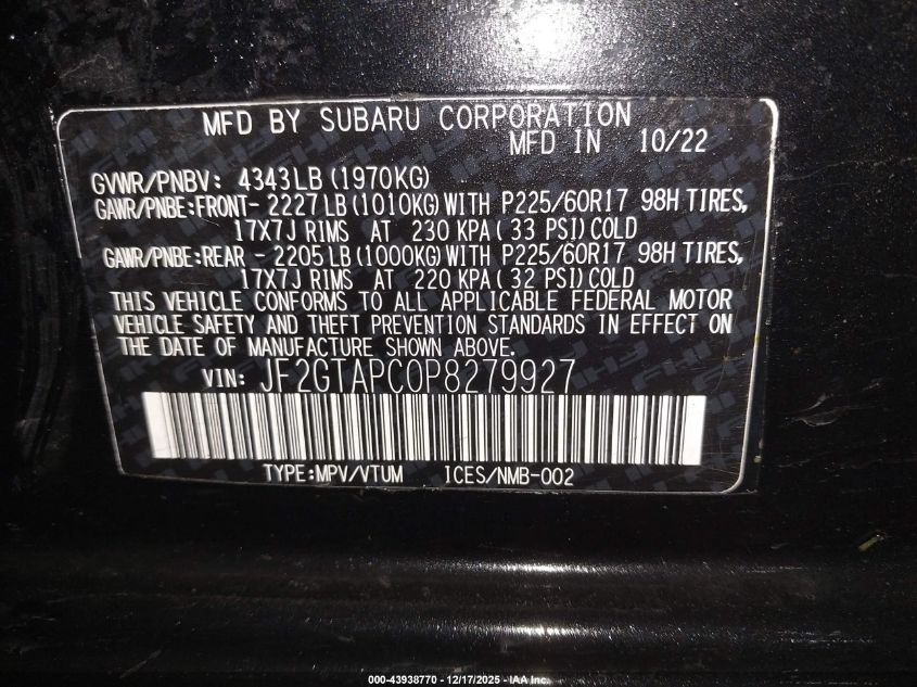 2023 Subaru Crosstrek Premium VIN: JF2GTAPC0P8279927 Lot: 43938770