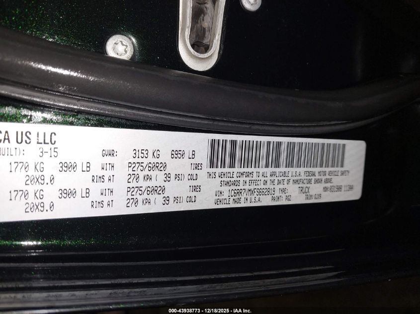 2015 Ram 1500 Laramie VIN: 1C6RR7VMXFS662819 Lot: 43938773