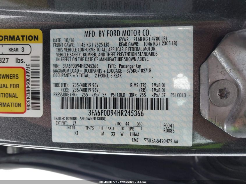 2017 Ford Fusion Titanium VIN: 3FA6P0D94HR245366 Lot: 43938777