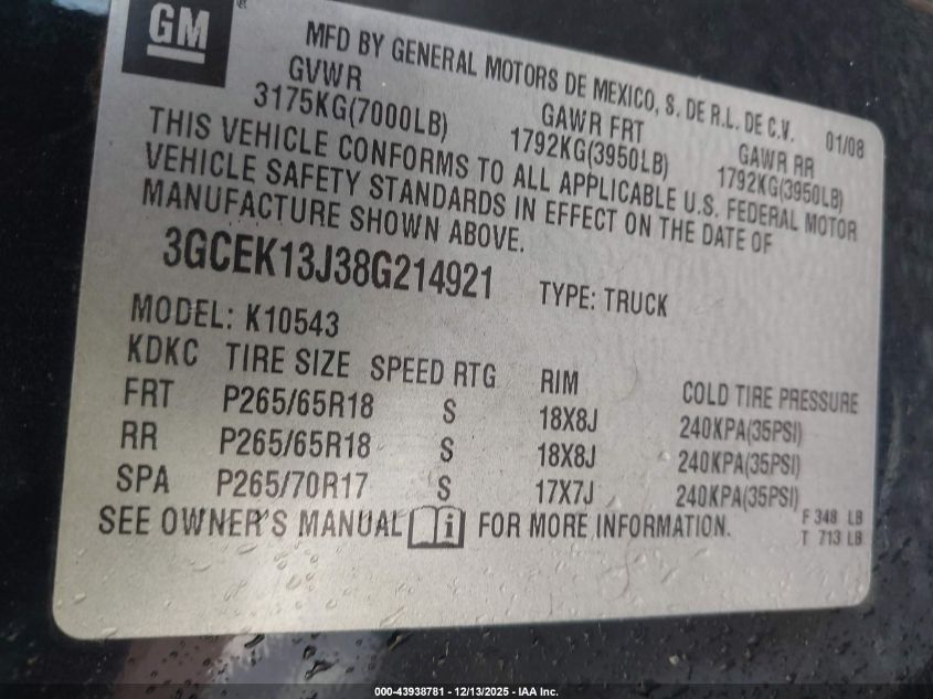 2008 Chevrolet Silverado 1500 Lt2 VIN: 3GCEK13J38G214921 Lot: 43938781