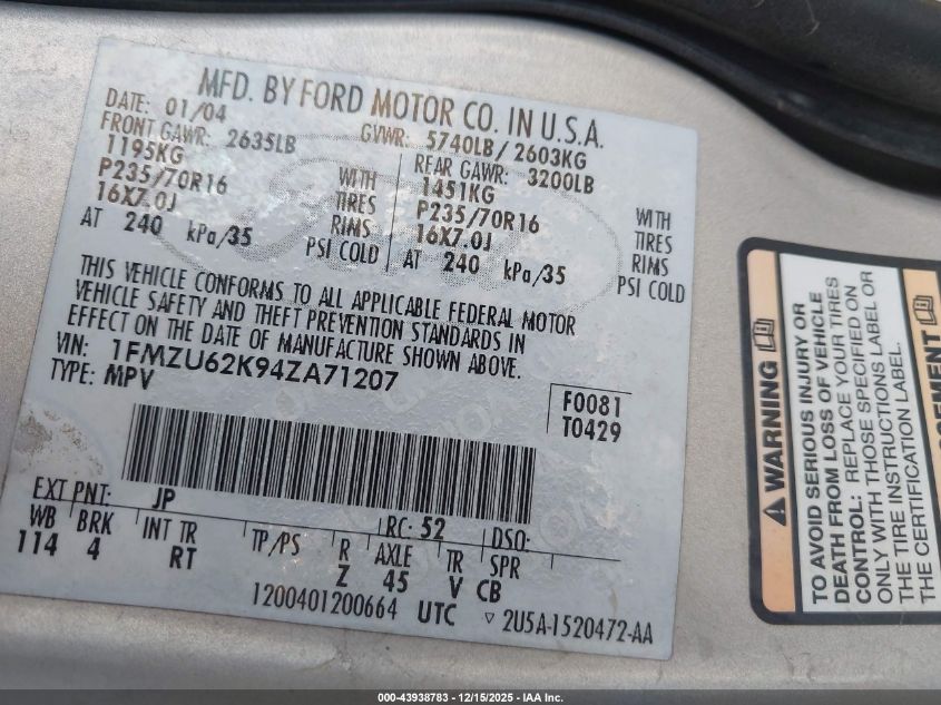 2004 Ford Explorer Xls VIN: 1FMZU62K94ZA71207 Lot: 43938783