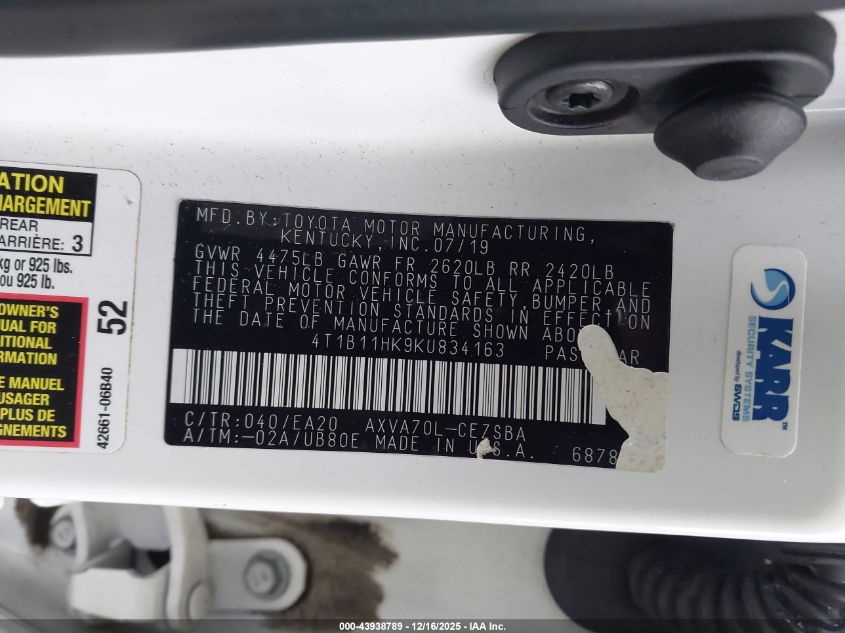 2019 Toyota Camry Se VIN: 4T1B11HK9KU834163 Lot: 43938789