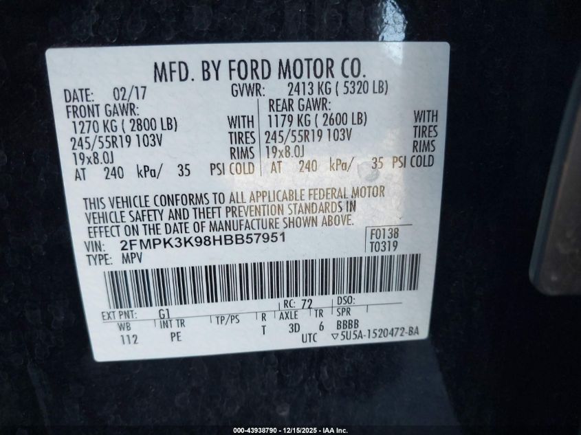 2017 Ford Edge Titanium VIN: 2FMPK3K98HBB57951 Lot: 43938790