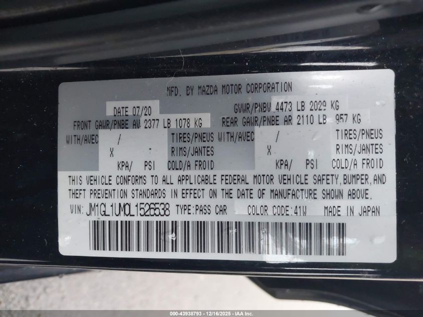 2020 Mazda Mazda6 Sport VIN: JM1GL1UM0L1526538 Lot: 43938793